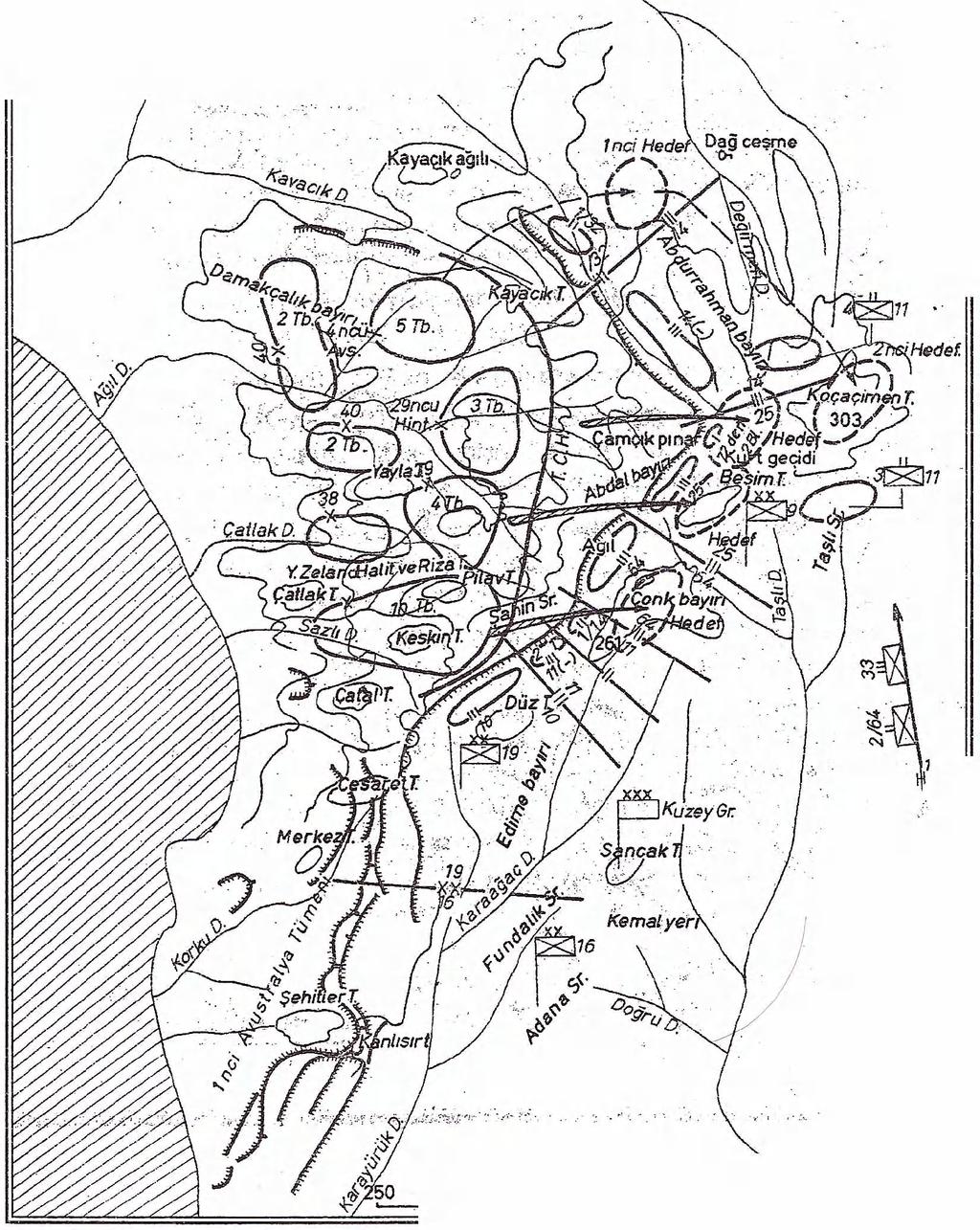 HARİTA 4 Tarafların Durumu ve İngiliz Taarruz Planı, 8 Ağustos 1915 Sabahı 299 Genkur. As. T. ve Str.