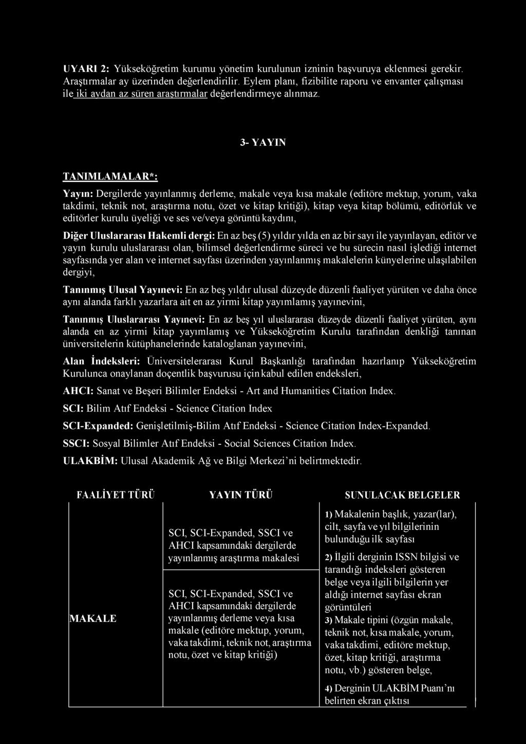 3- YAYIN TANIMLAMALAR*: Yayın: Dergilerde yayınlanmış derleme, makale veya kısa makale (editöre mektup, yorum, vaka takdimi, teknik not, araştırma notu, özet ve kitap kritiği), kitap veya kitap