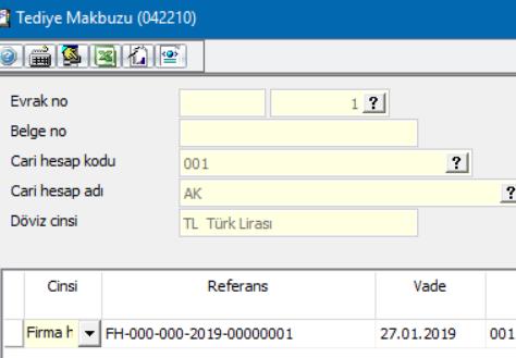 Firma Havale Emri Operasyonları Tediye Makbuzu (042210) menüsünden cinsi alanında Havale emri seçerek oluşturmuş olan havale emri