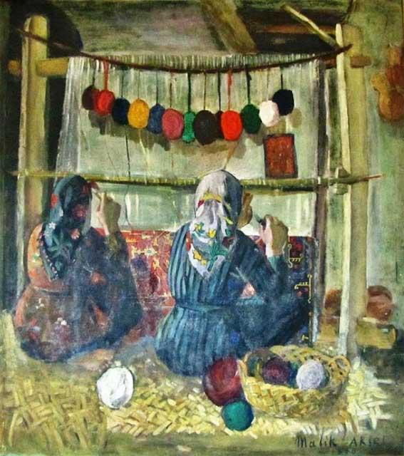 Resim-8. Malik Aksel, Halı Dokuyanlar, 95x86 cm. 1936. 4. TÜRK RESİM SANATINDA GELENEKSEL SANATLARDAN ÖZGÜN BİR BİÇİM DİLİ OLUŞTURAN BAZI SANATÇILARDAN ÖRNEKLER.