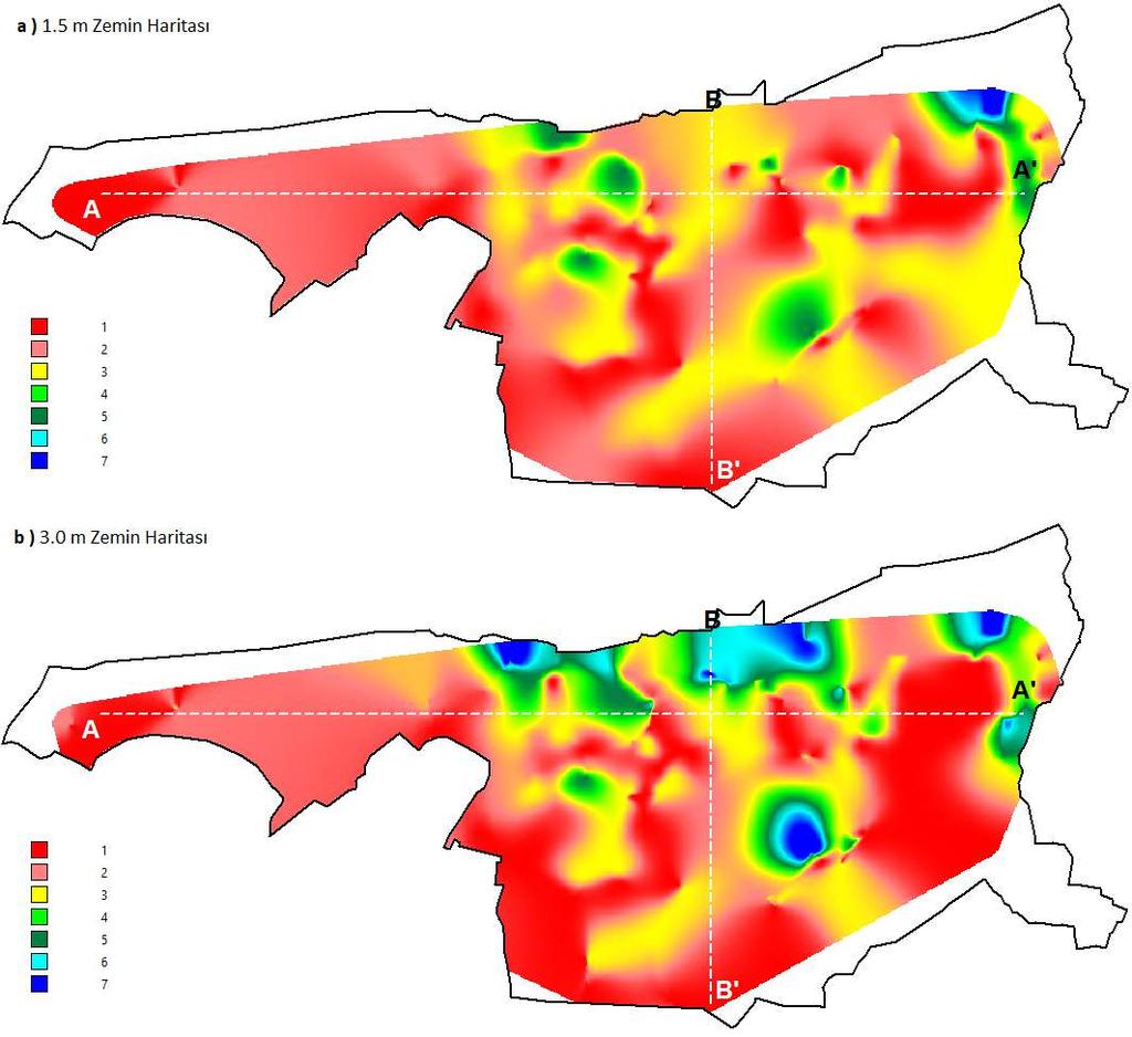 Şekil 4. Yalova ili 1.50 ve 3.00 metre zemin haritaları Şekil 4 te Yalova ilini doğu batı ekseninde (A-A ) ve kuzey-güney ekseninde (B-B ) kateden iki kesit doğrultusu görülmektedir.