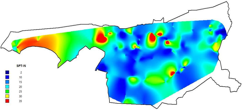 Şekil 7. Yalova ili 3.00 metre SPTN haritası 3. Sonuçlar Bu çalışma kapsamında Yalova ilinin merkez mahalleleri için bir Yalova Zemin Veri tabanı oluşturulmuştur.
