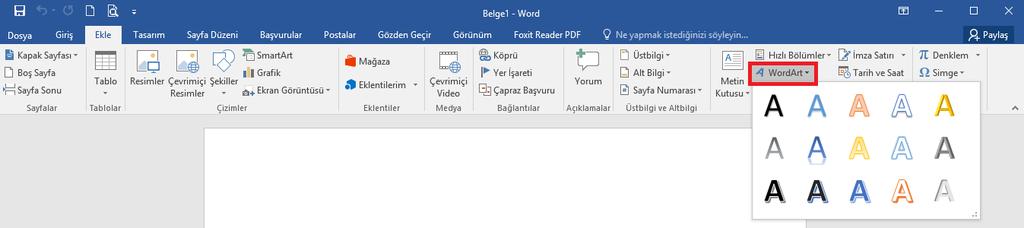 Word Art Eklemek Belge içerisine süslü yazılar eklemek için WordArt kullanılır.