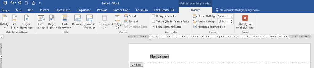 Üst Bilgi ve Alt Bilgi Eklemek Altbilgi ve Üstbilgi bölümü belgenizin üst/alt kenar boşluklarında yer alır. Bu alana yazılan yazılar tüm sayfalarda aynen görüntülenir.