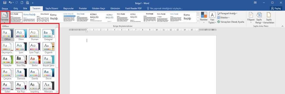 Tema Belirlemek Belgenize Word içinde bulunan hazır temaları uygulayabilirsiniz. Bu sayede başlıkların, metinlerin vb.