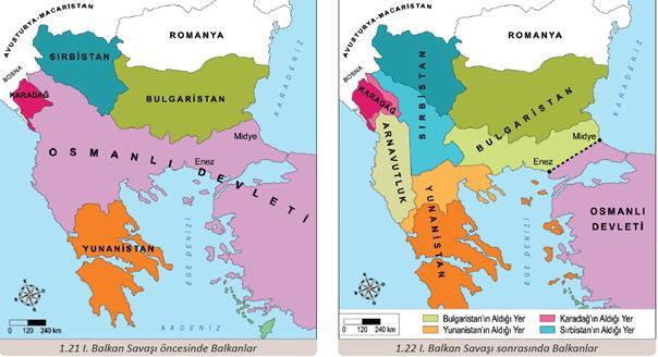 10. Aşağıda I. Balkan Savaşı öncesinde ve sonrasında Osmanlı Devleti ve Balkan ülkelerini gösteren haritalara yer verilmiştir. Bu haritalara göre I.