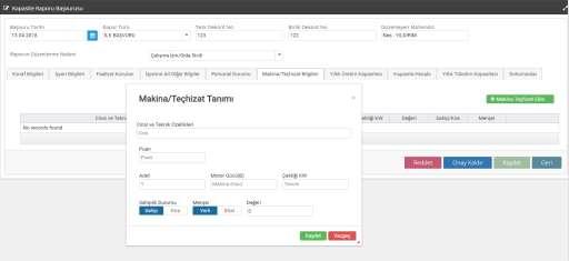 ekranındaki bilgiler girilir; Makine/Tesisat Ekle butonu ile açılan