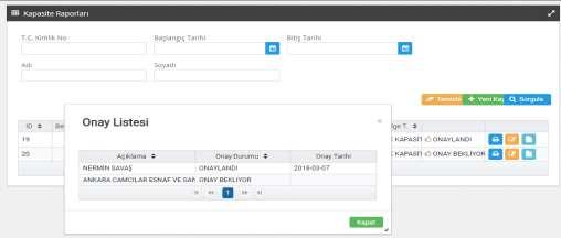 Oda Kapasite Raporu Onay İşlemleri Mühendisin onaylamış olduğu kapasite raporu oda kullanıcısının e-kapasite Raporları sekmesinde Kapasite Raporları listesinde Onay Bekliyor olarak listelenir.