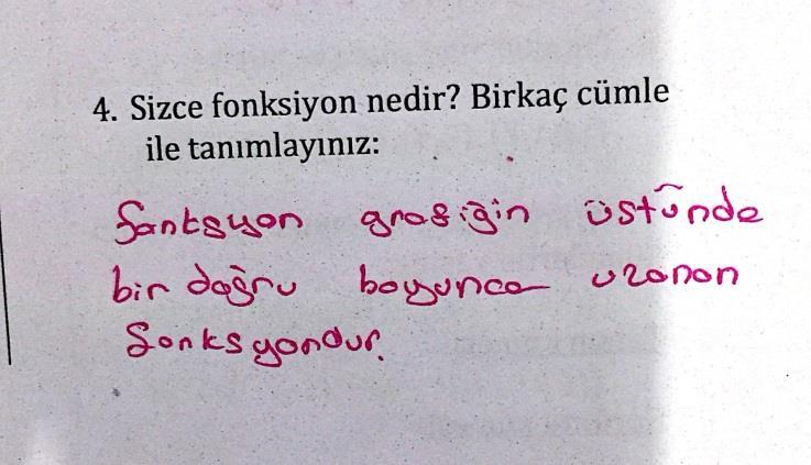 Şekil 8 : Ö14, Ö58, Ö74 ve Ö101 kodlu öğrencilerim cevap kağıtları 5) Denklem: Fonksiyon bir denklem veya bir eşitliktir.