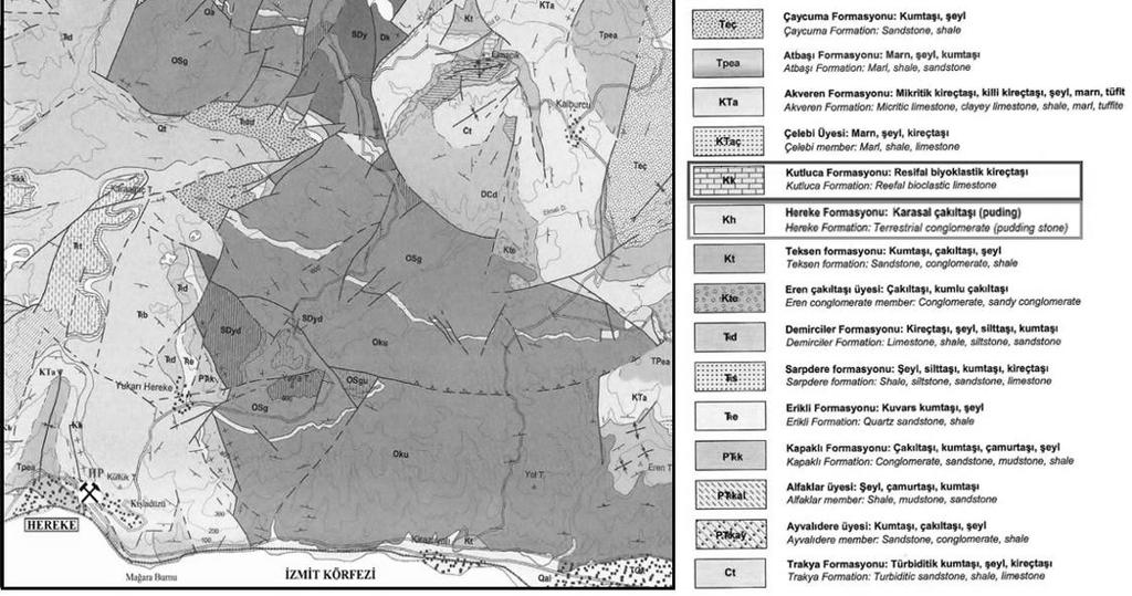 Pudingi içerisinde açılmış eski ocak yerleri); (Gedik vd., 2005; 1:50.000 ölçekli MTA Türkiye Jeoloji Haritası ndan düzenlenmiştir).