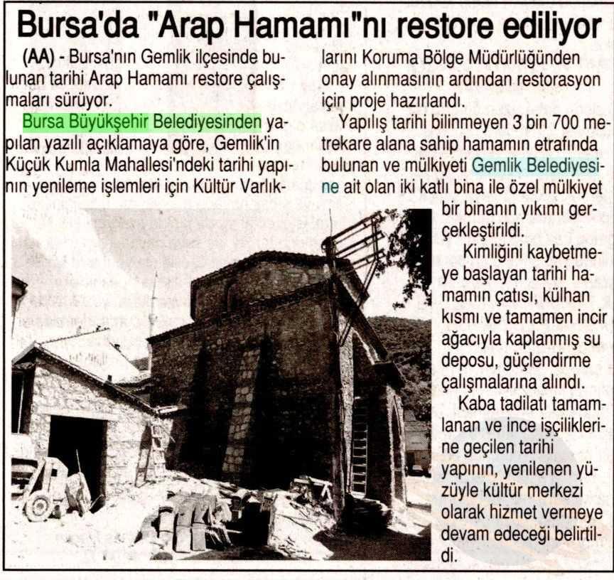 BURSA DA ARAP HAMAMFNı RESTORE EDILIYOR Yayın Adı : Son