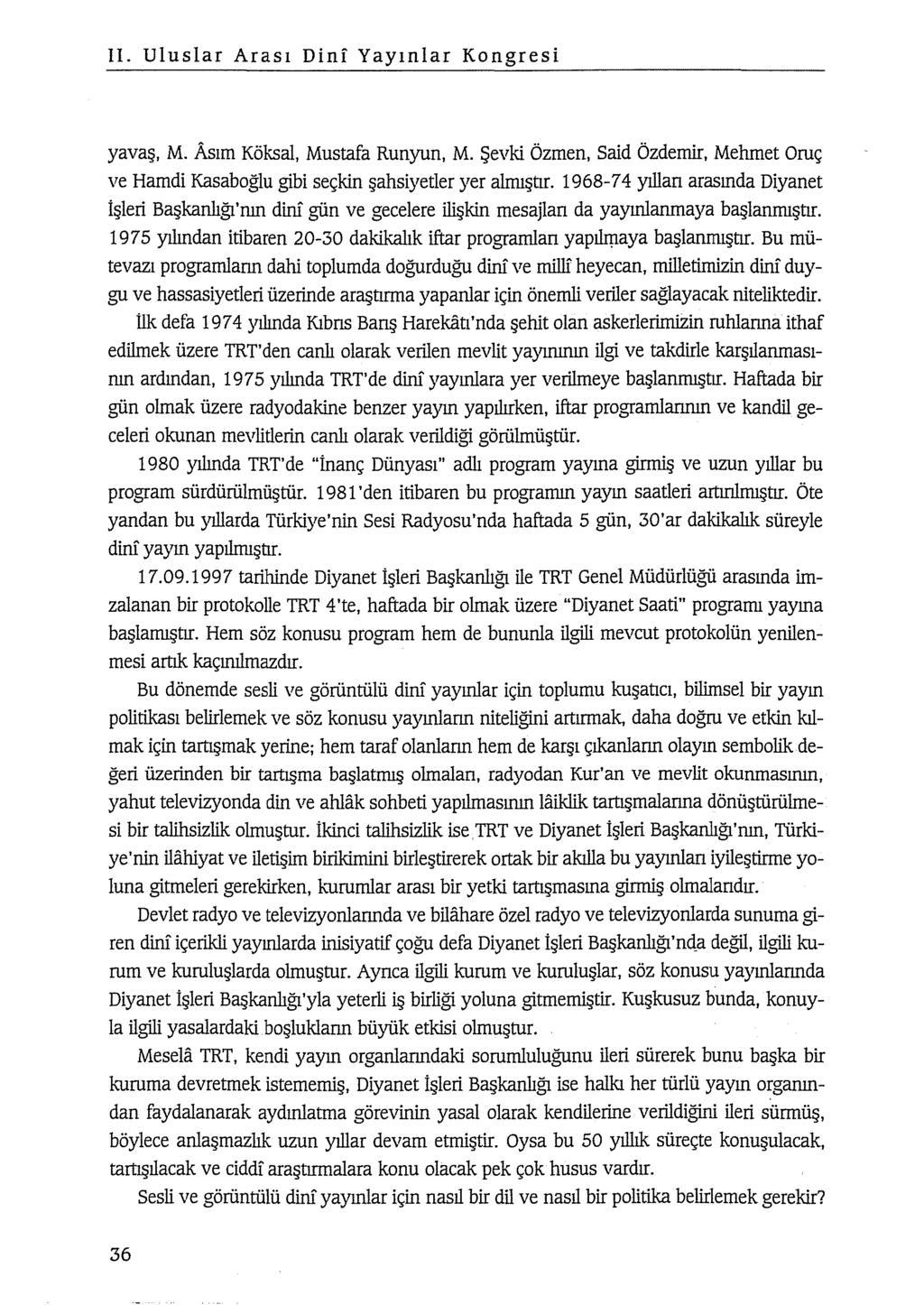 ll. Uluslar Arası Dinf Yayınlar Kongresi yavaş, M. Asım Köksal, Mustafa Runyun, M. Şevki özmen, Said Özdemir, Mehmet Oruç ve Harndi Kasaboğlu gibi seçkin şahsiyetler yer almıştır.