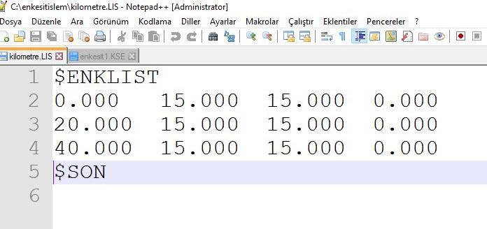 Şekil 84 En kesit dosyası: Her bir en kesit noktasından güzergahın solu ve