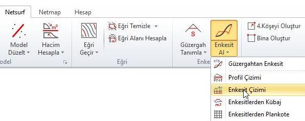 En kesit çizimi için Netsurf menüsünde Enkesit Al alt menüsünden Şekil 92 Netcad yazılımı