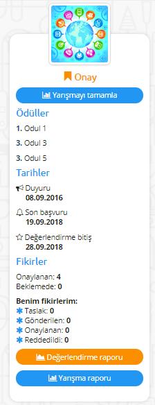 Değerlendirme bitiş tarihi geldiğinde, Değerlendirmeyi bitir butonu kullanılarak değerlendirme süreci sonlandırılabilir. Onay aşamasında Yarışmayı tamamla butonu aktiftir. (Şekil 20.