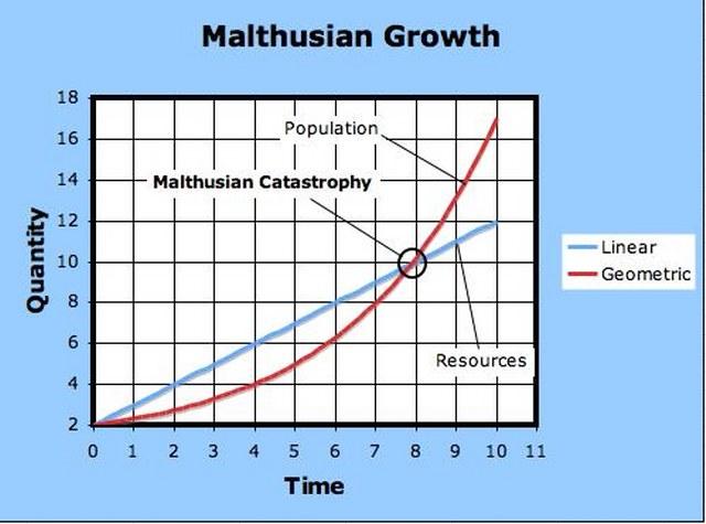 Her 25 yılda bir Gıda maddeleri aritmetik olarak artıyor 1,2,3,4,5,6, = x +1 Nüfus geometrik olarak artıyor 1,2,4,8,16,32 = 2 x Bu nedenle nüfus, geçimlik gıda maddelerini aşma eğilimi içinde