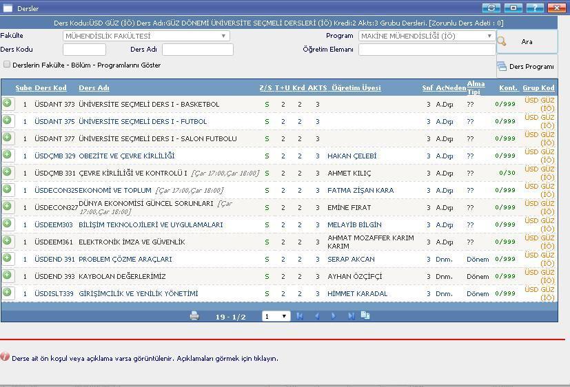 İlgili grubun butonuna tıklandığında bu gruptaki dersler listelenecektir.