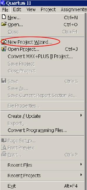 Şekil 3.32. Quartus II derleyicisi file menüsü New Proje Wizard seçeneği tıklandığında Şekil 3.