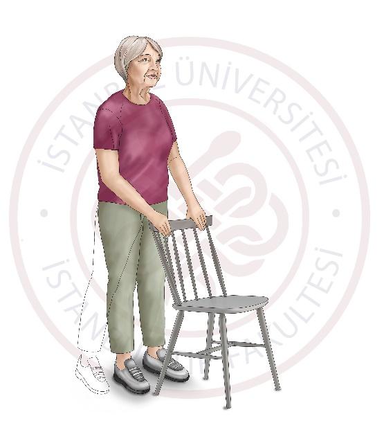 8.Egzersiz (Yana Bacak Açma) Ayaklar hafifçe ayrık ve ayak parmakları öne bakar vaziyette sağlam bir sandalyenin arkasında durun. Bacaklarınızı düz tutun fakat dizlerinizi kilitlemeyin.
