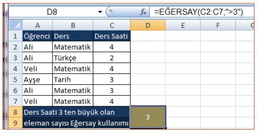 Örneğin; aşağıdaki tabloda yer alan ders saatlerinden, 3 ten büyük ders saatine sahip