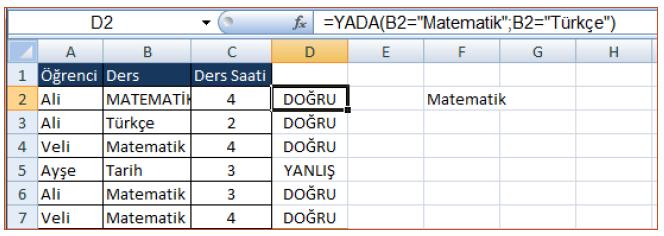 Yada fonksiyonunun kullanımı =Yada(mantıksal1;mantıksal2; ) şeklindedir.