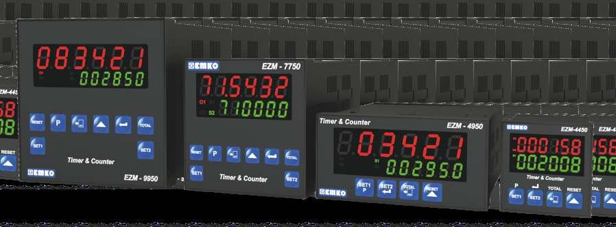 Sayıcılar ve Zaman Röleleri EZMXX50 Konfigure edilebilir, Toplam Sayıcı, Batch Sayıcı, Zaman rölesi, Kronometre, Frekansmetre ve Devir Ölçme fonksiyonları Otomatik ve Manuel Resetli çalışma Zaman