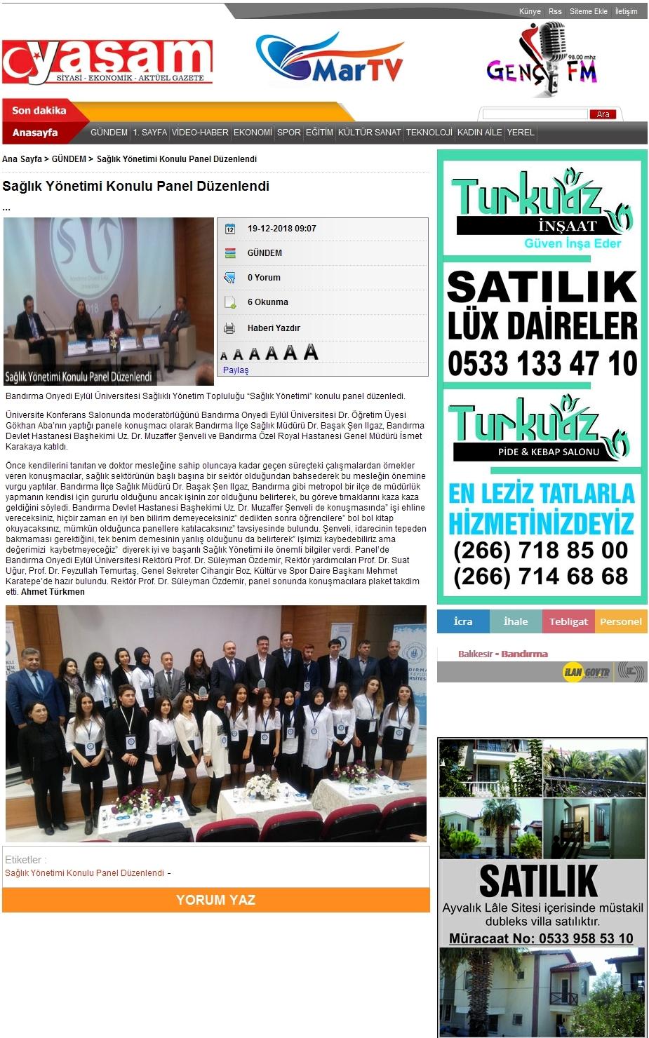 Portal Adres SAGLIK YÖNETIMI KONULU PANEL DÜZENLENDI : www.bandirmayasam.com.