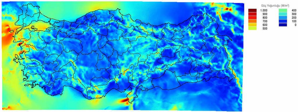 2007 yılında EİE tarafından yayınlanmış olan Türiye Rüzgar Enerjisi Potansiyeli Atlası (REPA) ile verilen 50 m yüselitei rüzgar hızı ve güç aısı haritaları Şeil.4 ve Şeil.5 ile gösterilmiştir.