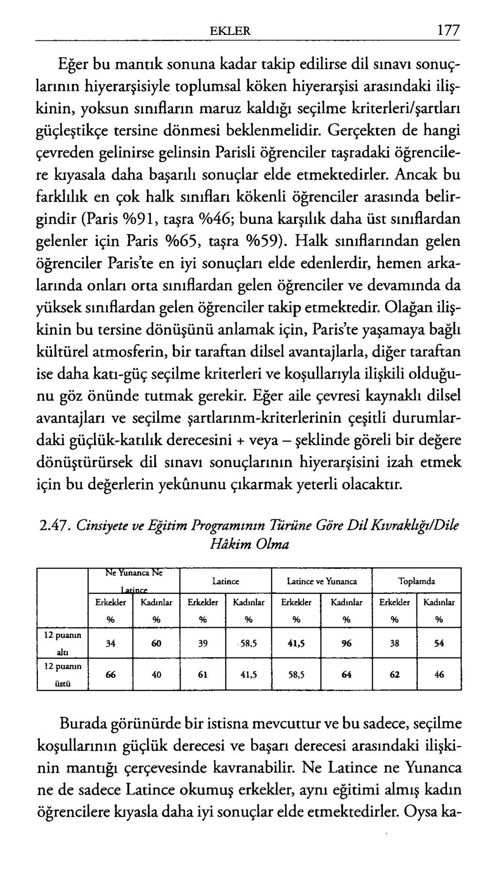 Eğer bu mantık sonuna kadar takip edilirse dil sınavı sonuçlarının hiyerarşisiyle toplumsal köken hiyerarşisi arasındaki ilişkinin, yoksun sınıfların maruz kaldığı seçilme kriterleri/şartları