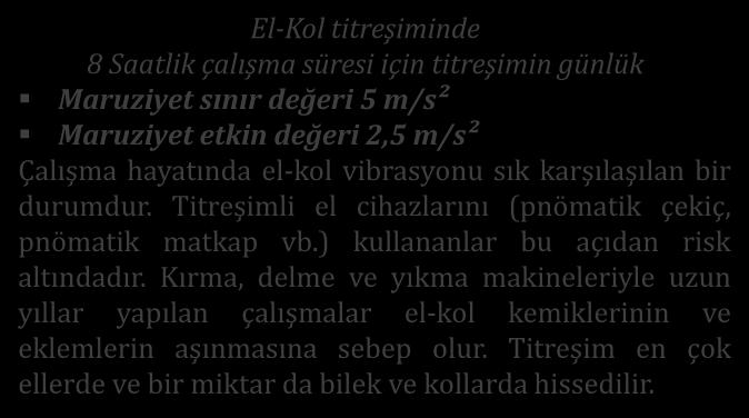 Titreşim, vücudu etkileme biçimi yönünden iki şekilde incelenir: El-kol titreşimi Bütün vücut titreşimi EL-KOL TİTREŞİMİ-VİBRASYONU El-Kol titreşiminde 8 Saatlik çalışma süresi için titreşimin günlük