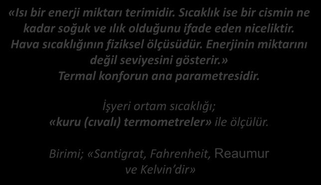 HAVA SICAKLIĞI (ORTAM ISISI) TANIM «Isı bir enerji miktarı terimidir. Sıcaklık ise bir cismin ne kadar soğuk ve ılık olduğunu ifade eden niceliktir. Hava sıcaklığının fiziksel ölçüsüdür.