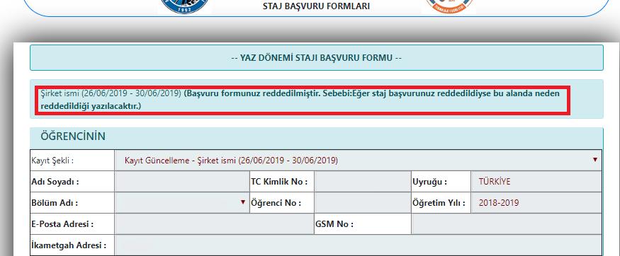 Staj komisyonu tarafından incelenen başvuru reddedildiğinde, Staj komisyonu tarafından incelenen