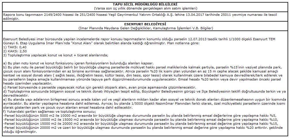 Beyanlar Bölümünde; * ÖZEL GÜVENLİK BÖLGESİNDE KALMAKTADIR. 20/12/2010 tarih, 2724 sayı * BAKIRKÖY 3.TÜKETİCİ MAHKEMESİ nin 09/06/2017 tarih 2017/261 ES.