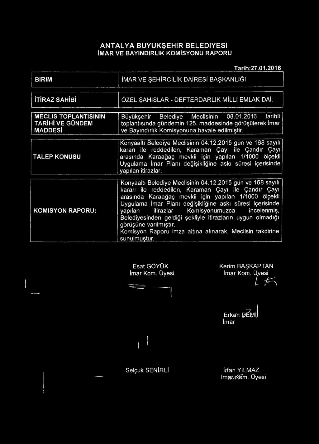 . maddesinde görüşülerek İmar ve Bayındırlık Kmisynuna havale edilmiştir Knyaaltı Belediye Meclisinin 04.12.