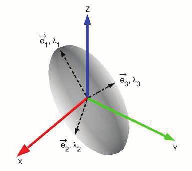 vektörler ise aksın yönelimini gösterir. Resim 2: Difüzyon tensör elipsoidinde tensor vektör ve de erleri arasındaki ili ki.