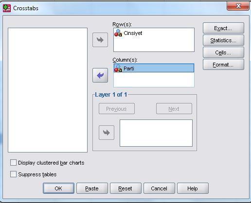 SPSS Uygulamaları:Veri1 Analizi Bu veri ile ki-kare ve diğer değerleri elde etmek istiyorsak SPSS te Analyze>Descriptive Stat>Crosstabs kısmına