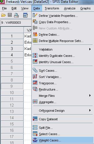 1 3 SPSS Uygulamaları:Veri2 Sol üstteki gibi bir 2x2 çaprazlık tablosunu SPSS e