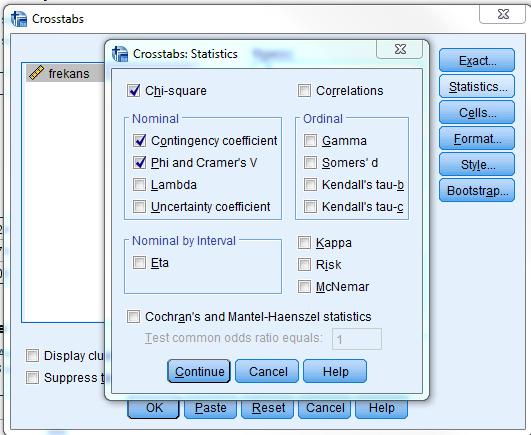 SPSS Uygulamaları: Analiz Crosstabs>Statistics sekmesine tıkladığımızda karşımıza aşağıdaki tablo çıkar.