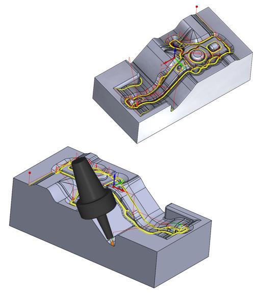 3-4 EKSEN DÖNÜŞTÜRME 3-5 eksen dönüştürme 3D HSM takım yolunu Simültane 5 eksene çevirir Bu dönüşüm sayesinde, derin geometrilerde daha kısa kesici