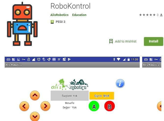 RoboKontrol Android Uygulaması Bluetooth modülünü kullanarak Robotu kontrol edebilmek için Android telefonumuza bir uygulama