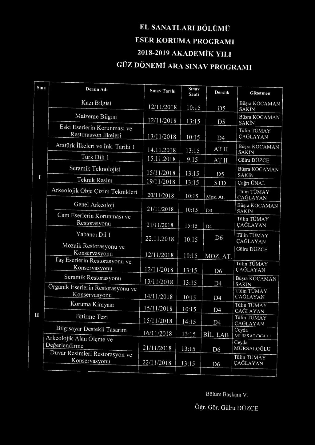 At. Genel A rkeoloji 21/11/2018 10:15 D4 Cam Eserlerin Korunm ası ve R estorasyonu 21/11/2018 15:15 D4 Yabancı Dil 1 22.11.2018 10:15 D6 M ozaik Restorasyonu ve K onservasyonu Taş Eserlerin Restorasyonu ve 12/11/2018 10:15 M O Z.