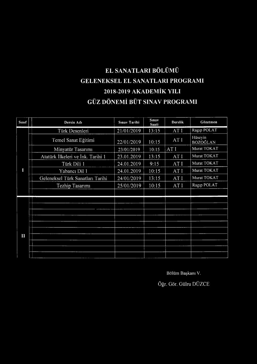 01.2019 9:15 A T M urat TO KAT Yabancı Dil 1 24.01.2019 10:15 A T M urat TOKAT Geleneksel Türk Sanatları Tarihi 24/01/2019