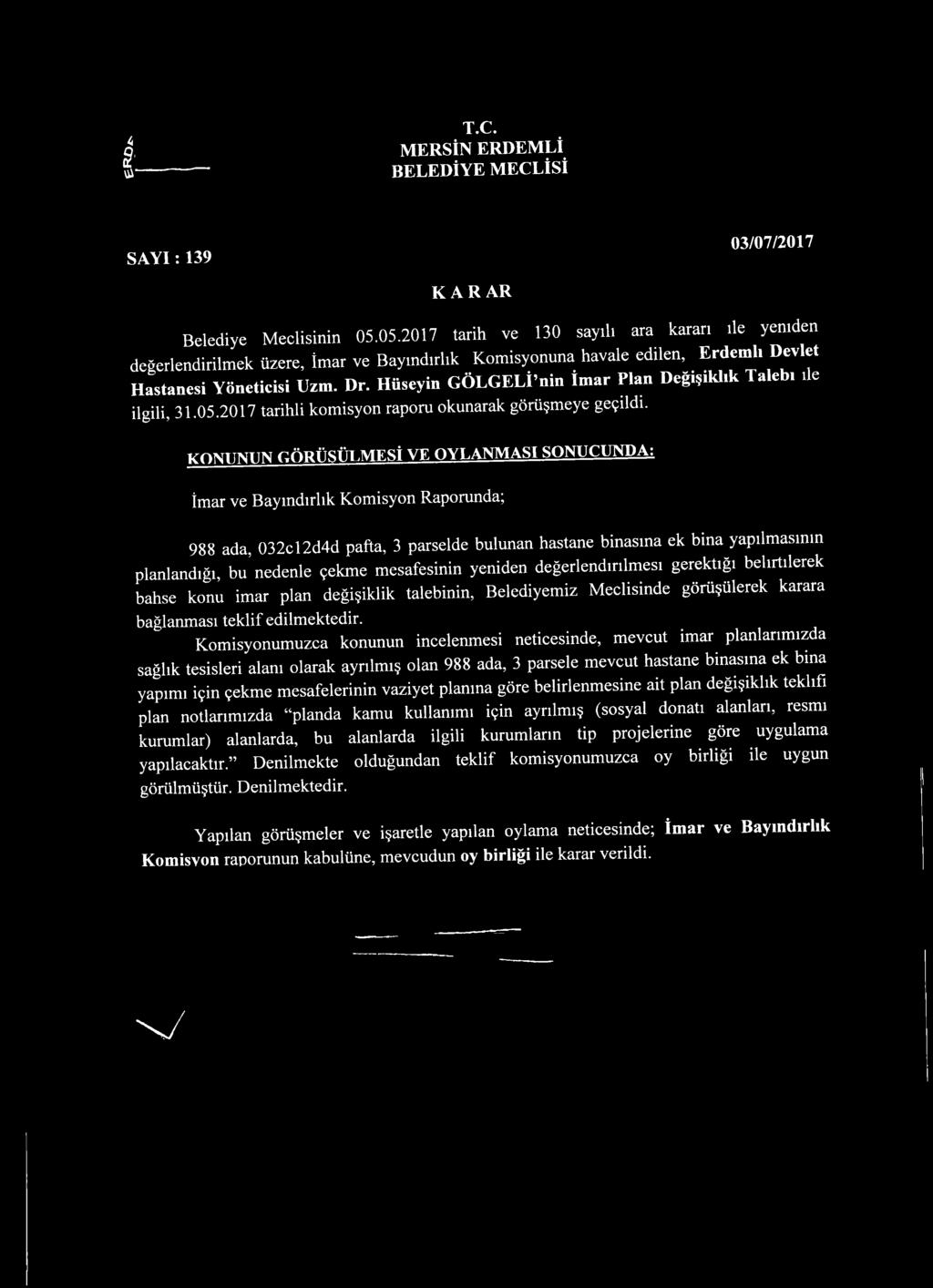 Hüseyin GÖLGELİ nin İmar Plan Değişiklik Talebi ile ilgili, 31.05.2017 tarihli komisyon raporu okunarak görüşmeye geçildi.