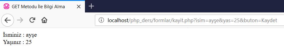 html <title>get Metodu İle Bilgi Gönderme</title> <form action="kayit.