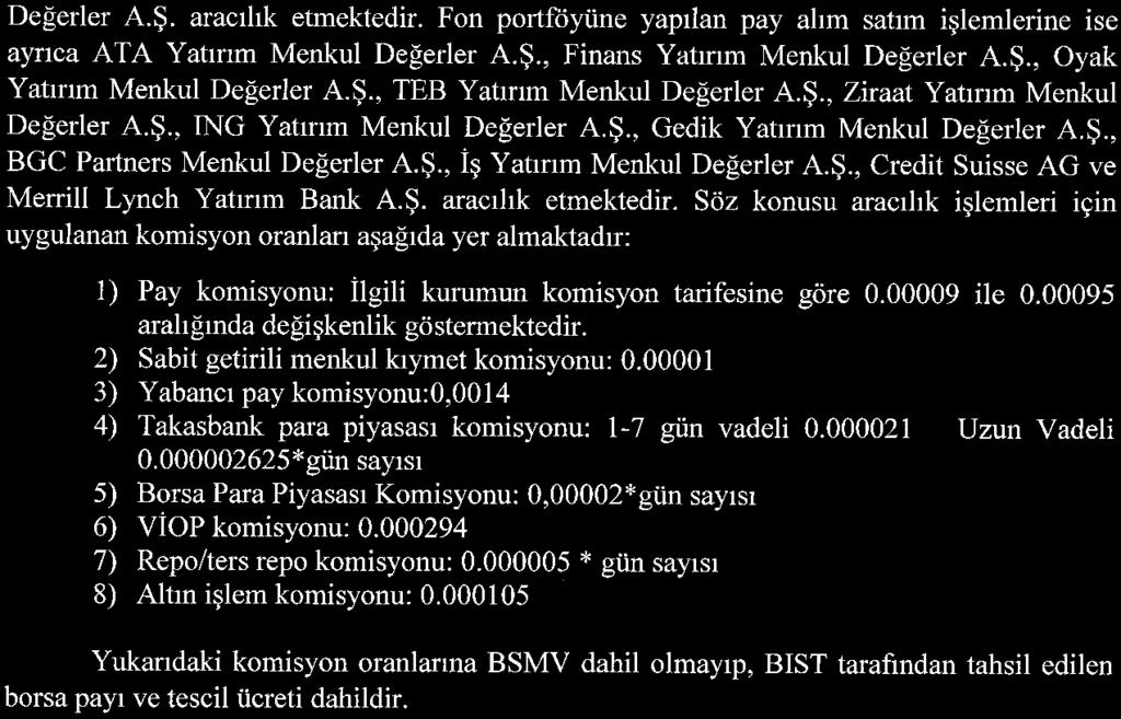 Değerler A. Ş. aracılık etmektedir. Fon portföyüne yapılan pay alım satım işlemlerine ise ayrıca ATA Yatırım Menkul Değerler A. Ş., Finans Yatırım Menkul Değerler A. Ş., Oyak Yatırım Menkul Değerler A.