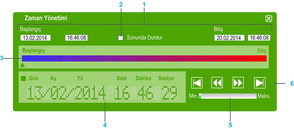 Simülatör SoMachine Basic Simülatörü Zaman Yönetimi Penceresi Genel Bakış Simülatör Zaman Yönetimi penceresinde şu bileşenler vardır: Programın simülatörde yürütülmesi için Tarih / Saat simülasyon