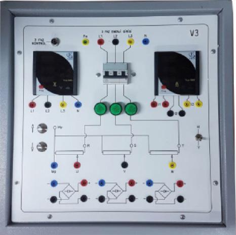 Armatür : 200V DC Uyartım : 200V DC Güç : 0,55kW Devir : 1500 rpm -04 ÜÇ FAZ ENERJİ ÜNİTESİ 3 faz ampermetre 3 faz voltmetre Çıkış gerilimi bir anahtarla seçilerek kaba ve hassas olarak iki biçimde