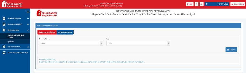 5. Beyanname Oluşturma Beyannameler başlığı altındaki Basit Usul Yıllık Gelir Vergisi