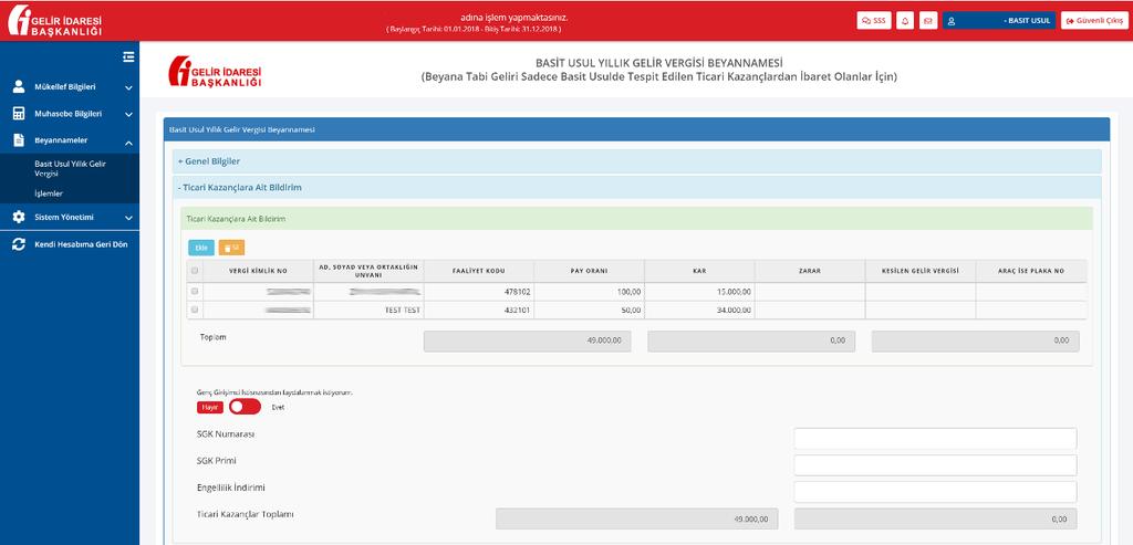 7. Genç Girişimci İstisnası Ticari Kazançlara Ait Bildirim formunun altında yer