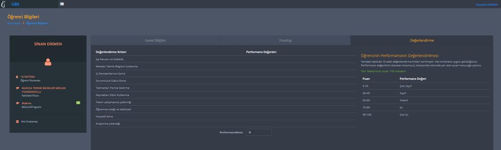 Öğrencilerle İlgili İşlemler UBS > İş Yeri Uygulama Eğitimi > İzleyici Öğretim Elemanı Öğrencileri > İşlemler > Öğrenciyi İncele > Değerlendirme «Değerlendirme» sekmesi üzerinden,